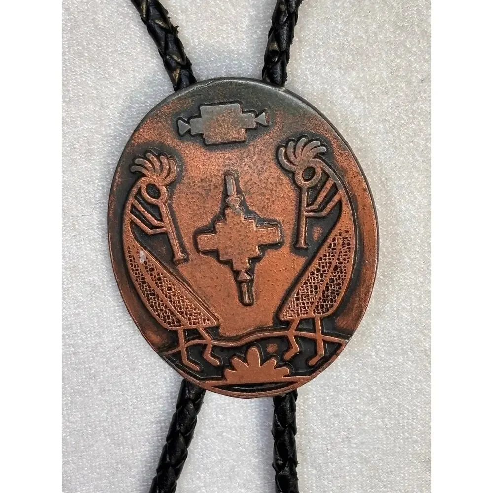 Vintage Copper Kokopelli Bolo Tie Southwestern Flute Player Black Cord Tips
